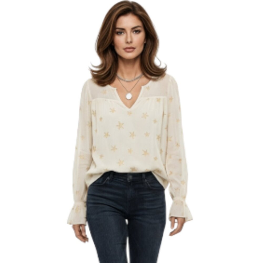 Michael Stars Medium Cream Gold Metallic Star Printed Long Sleeve Blouse